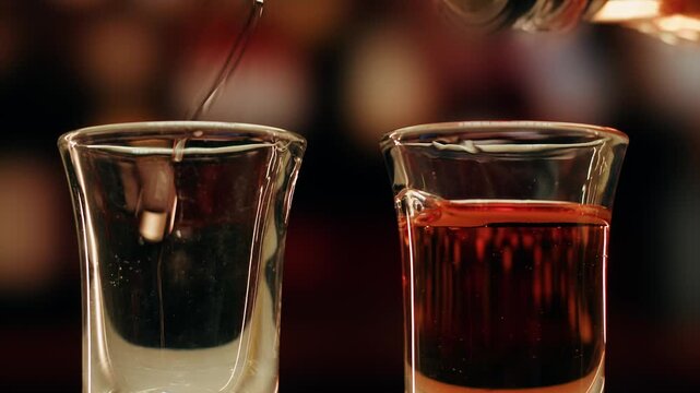 Pouring shot of red bitter, Cognac, whisky, Campari, Aperol, Cherry Vermouth Negroni, spanish wine drink, Alcoholic Americano Cocktail bitter, sweet vermouth and soda water, close up of making drink