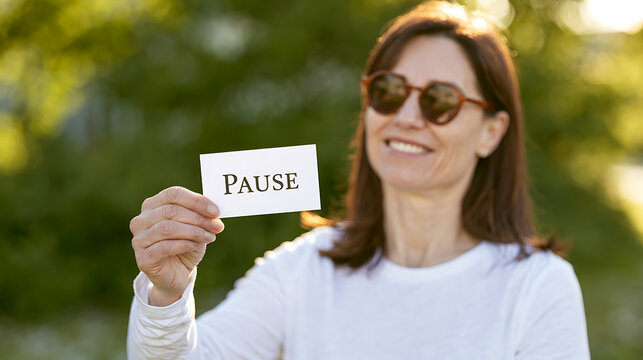 Optimistic woman in sunglasses hold a card with the word "Pause" written on it, promoting a break in a bright outdoor setting