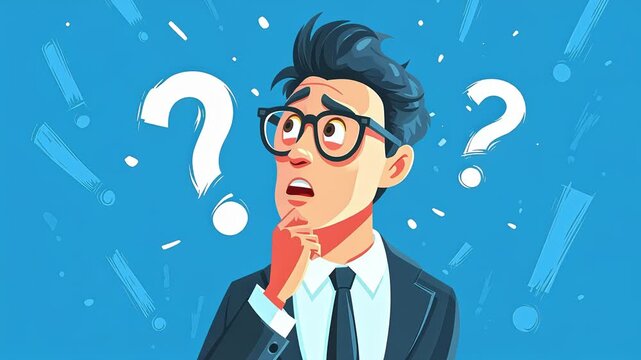Thinking businessman surrounded by question marks. 4k video