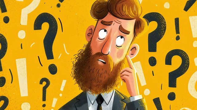 Animated illustration of a businessman with question marks. 4k video