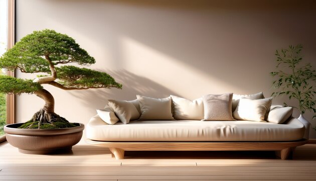 tranquil interior with bonsai tree sofa and natural light