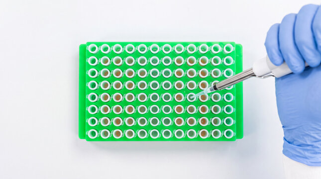 Close-Up of Micropipette Dispensing Liquid into PCR Microtubes Arranged in Green Rack on Laboratory Bench