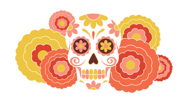 Floral skull illustration with marigold blooms vector graphic on white background