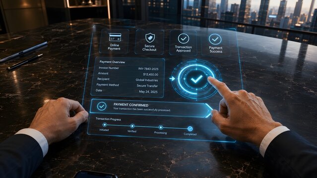 Secure online payment confirmation with digital interface and financial data display