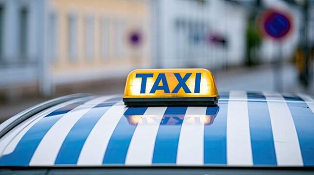 Illuminated taxi sign glows brightly on a striped vehicle's roof