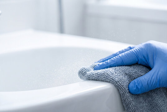 Person cleaning toilet bowl with microfiber cloth and rubber gloves  
