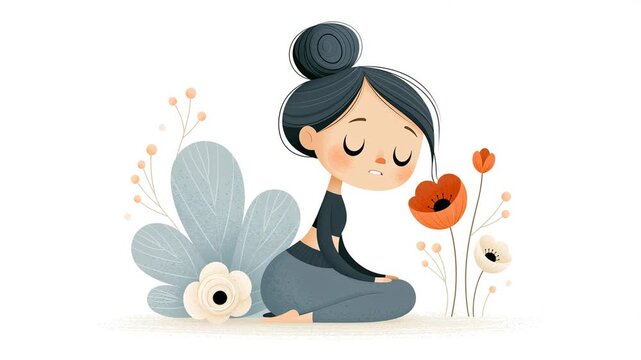 Cute cartoon girl in yoga pose, flowers and leaves flat design illustrated animation