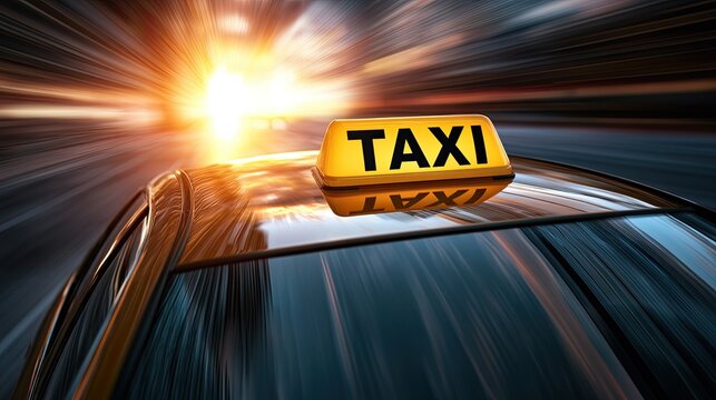 Yellow taxi sign on a car roof, blurred motion, bright light