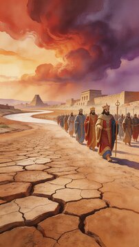 Kings walking on dry cracked earth towards ancient city under stormy sky. Biblical scene representing apocalypse and end time prophecy. Historical fantasy illustration of royal procession.