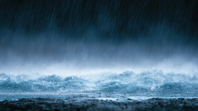 Heavy rain pounds the ground, creating turbulent, splashing water in cool tones