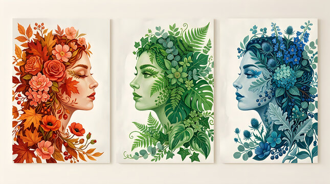 Floral portrait triptych autumn spring and winter goddesses in botanical art