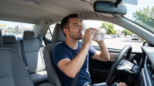 Man drinking water from plastic bottle while driving a car. Male driver staying hydrated inside vehicle on a hot summer day. Healthy lifestyle and road safety concept