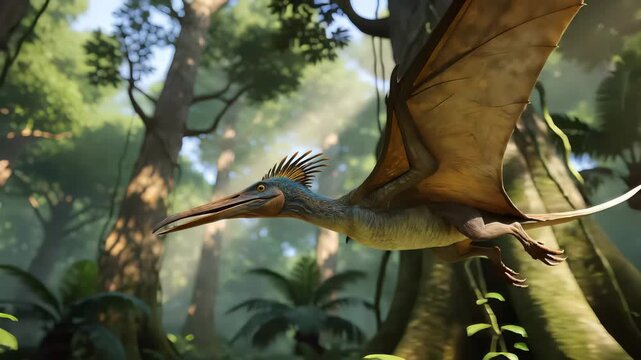 Pterosaur flying through prehistoric jungle with sunbeams. Tracking shot of flying dinosaur in tropical forest.
