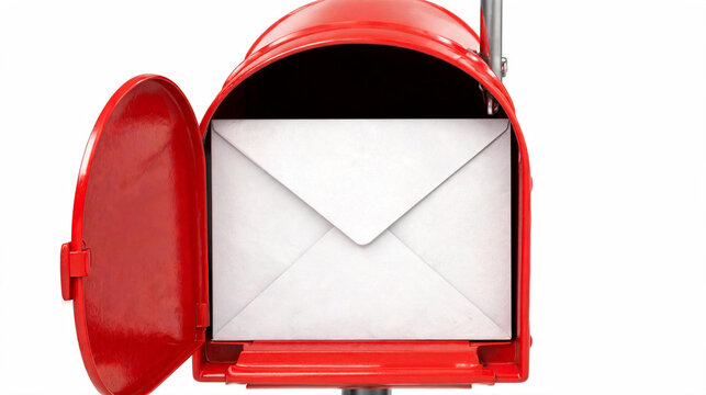 red mailbox, mail box, open mailbox, envelope, letter, white envelope, post box, mail delivery, mail, postage, communication, message, post office