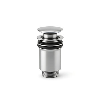 Brushed metal pop up sink drain stopper on white background. Modern plumbing fixture assembly with rubber gaskets