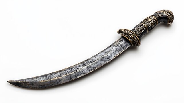 A curved, ornate antique bladed weapon with aged metal and a detailed handle