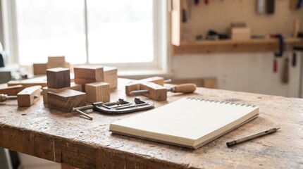 Fototapeta premium Woodworking bench featuring wooden blocks metal clamps tools and a blank spiral notebook