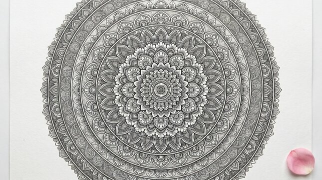 Intricate handdrawn mandala art with detailed floral patterns and geometric symmetry isolated on white background
