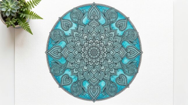 Intricate handdrawn mandala art with detailed black ink patterns on a vibrant turquoise watercolor background