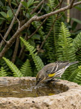 Myrtle Warbler with Yellow Patches Drinking from Stone Birdbath 