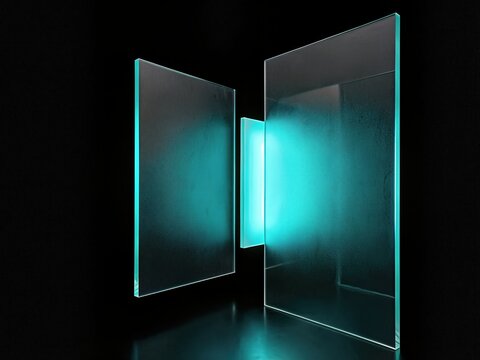Abstract UI glass panels glowing in black void