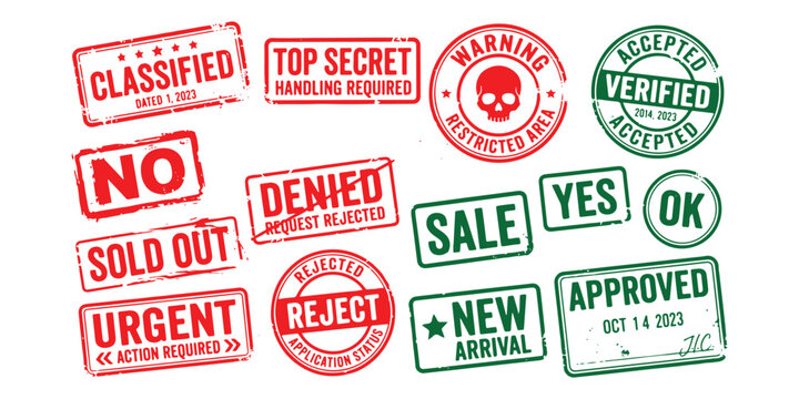 The red stamps include words like &lsquo;CLASSIFIED,&rsquo; &lsquo;TOP SECRET,&rsquo; &lsquo;SALE,&rsquo; &lsquo;WARNING,&rsquo; &lsquo;NO,&rsquo; &lsquo;DENIED,&rsquo; &lsquo;SOLD OUT,&rsquo; &lsquo;URGENT,&rsquo; and &lsquo;REJECTED.&rsquo; The green stamps read &lsquo;ACCEPTED,&rsquo; &lsquo;YES,&rsquo; &lsquo;OK,&rsquo; &lsquo;NEW,&rsquo; and &lsquo;APPROV