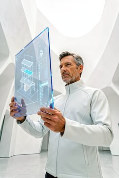 Male architect reviewing holographic model in lab