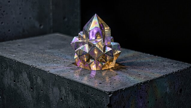 Iridescent bismuth growing on brutalist concrete