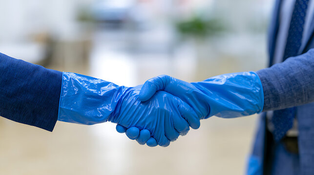 Two people shake hands while wearing blue protective gloves, symbolizing safe agreement, health, and a new normal in business interactions during challenging times