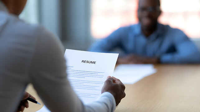 Recruiter holds resume, reviews qualifications of job candidate during interview, emphasizing professional assessment and hiring process in a business setting