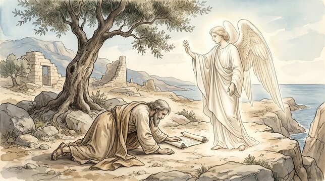 Angel appearing to a kneeling man with a scroll near an ancient ruin. Biblical scene of a vision from the apocalypse. Spiritual divine encounter in a prophetic wasteland landscape.