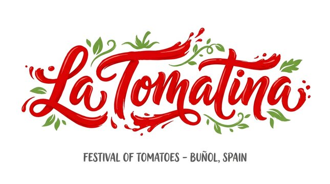 La tomatina typography banner festival of tomatoes in bunol spain with red splash decoration.