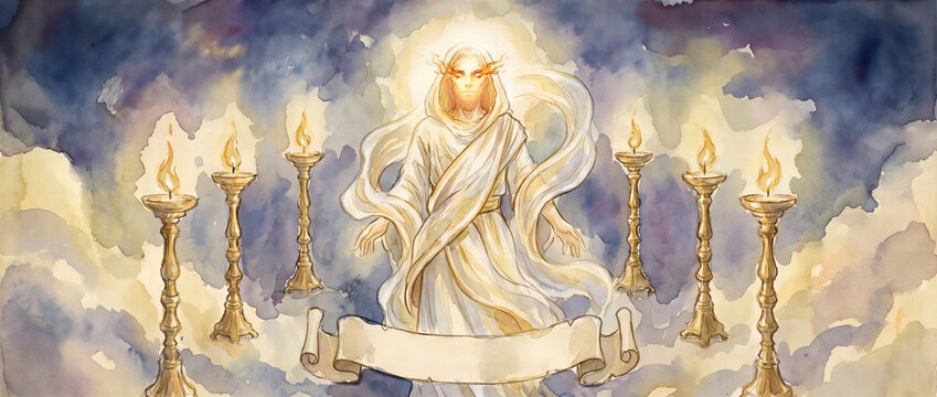 Man in white robes standing amidst seven golden burning candle stands. Biblical revelation scene depicting vision of Christ with fiery eyes. Banner with copy space