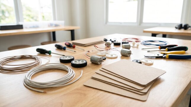 Various electronics and robotics components with tools arranged on a wooden desk