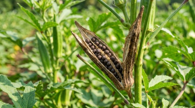 Okra seed pod drying on plant with seeds visible in an agricultural field during harvest season