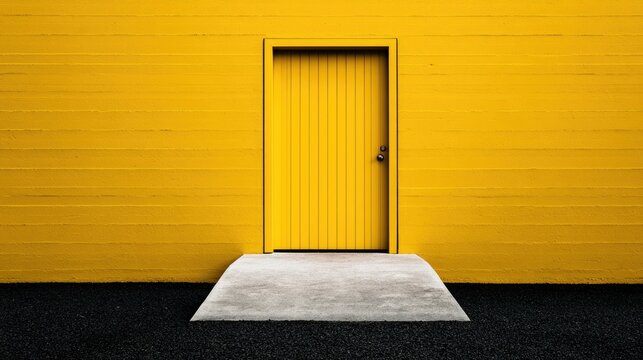 A bright yellow, ribbed door sits centered on a textured yellow wall