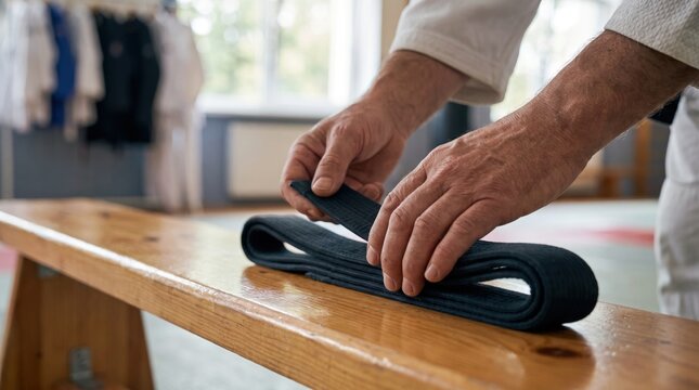 Martial artist folding a black belt on a wooden bench inside a training dojo