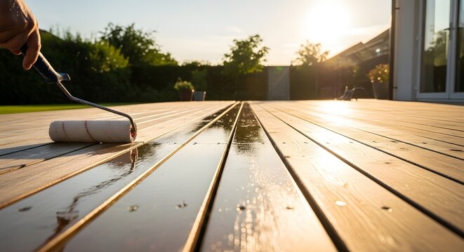 Hand applying protective wood stain to outdoor wooden deck with a roller during golden hour