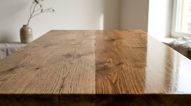 Before and after wood treatment: Natural untreated wood vs. shiny polished wooden table surface with a glossy finish