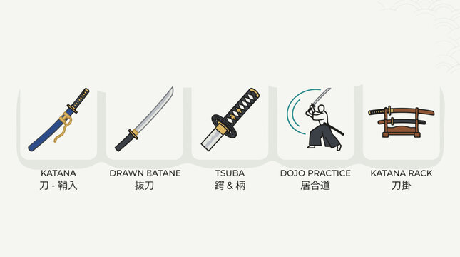 Set of Traditional Japanese Katana Swords and Dojo Equipment