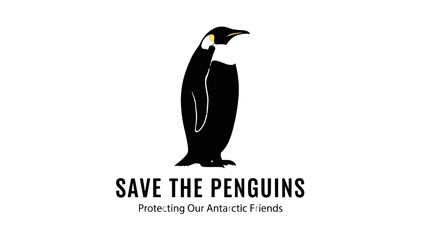 A striking graphic illustration of a penguin with the bold text "SAVE THE PENGUINS" and the tagline "Protecting Our Antarctic Friends" below it, advocating for conservation efforts. © Dicky