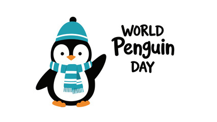 A cute cartoon penguin wearing a blue hat and scarf, celebrating World Penguin Day with a friendly wave. © Dicky