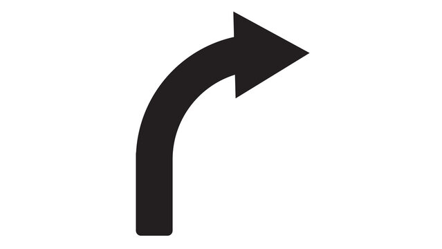 Black curved arrow icon pointing to the right with direction navigation isolated indicator movement interface minimalist directionality abstract