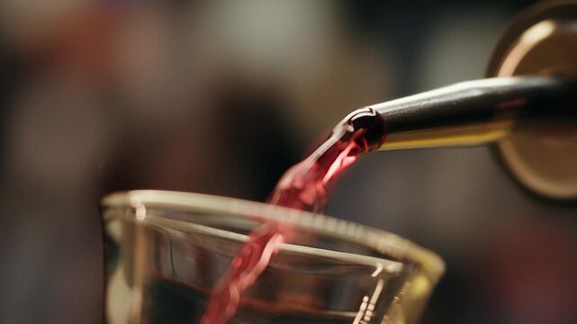 Pouring shot of red bitter, Cognac, whisky, Campari, Aperol, Cherry Vermouth Negroni, spanish wine drink, Alcoholic Americano Cocktail bitter, sweet vermouth and soda water, close up of making drink