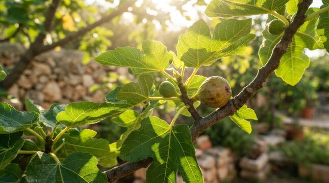 Ripe figs and lush green leaves on a fig tree branch in bright sunlight with bokeh background