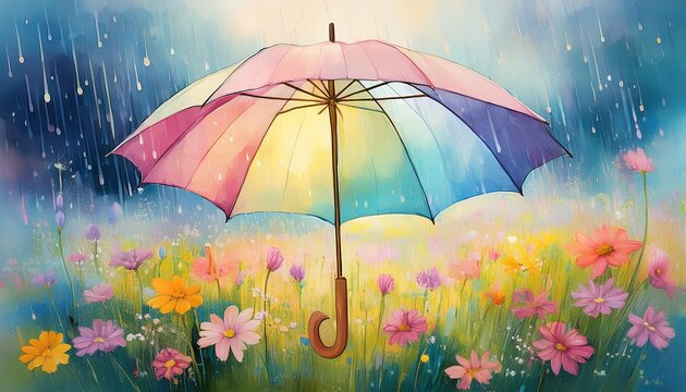a pastel colored umbrella shields a field of blooming flowers from falling raindrops blending nature s beauty with a dreamy watercolor effect