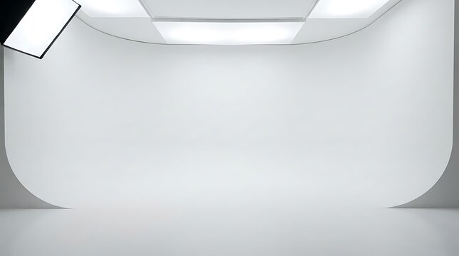 Empty white cyclorama studio backdrop for product photography. Seamless infinity wall for clean commercial shoots and video production.