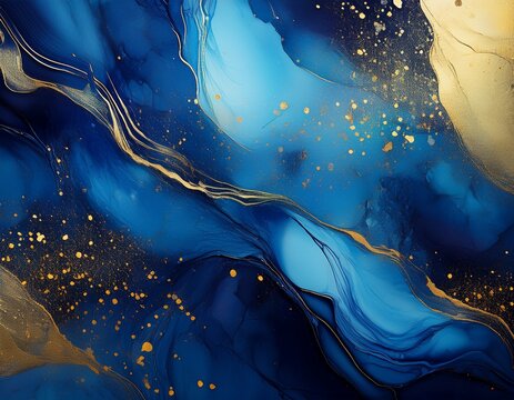 abstract blue textured background with gold accents and specks