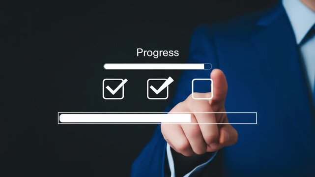 Business professional interacting with a progress tracker interface showing completed and pending tasks on a digital display.