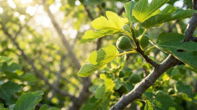 Ripe figs and lush green leaves on a fig tree branch in bright sunlight with bokeh background